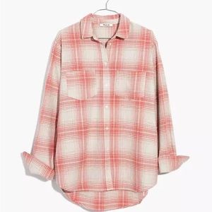 Madewell Oversized Ex Boyfriend Flannel Button-Down Shirt - Pink and White